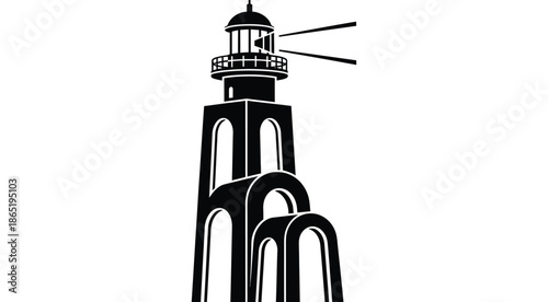 A striking black and white image depicting a tall lighthouse structure with a beam of light silhouette