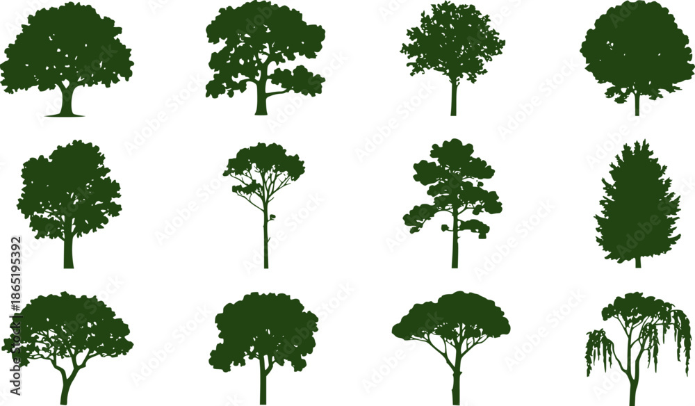 Fototapeta premium Twelve green tree silhouettes in flat trees