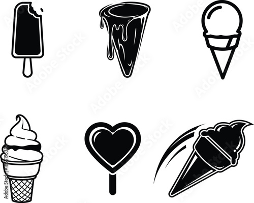 black and white illustrations of various ice cream types and flavors on white background
