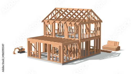Detailed illustration of a two-story wooden house frame under construction, with an excavator and stacks of lumber nearby on a white background.