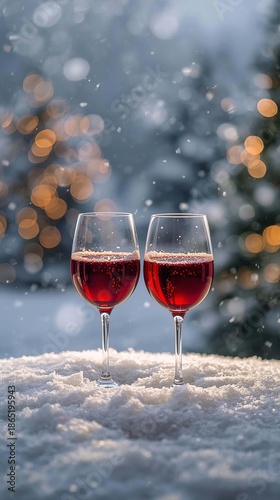 Two glasses of red wine stand outside in the snow. A beautiful snowy idyll.