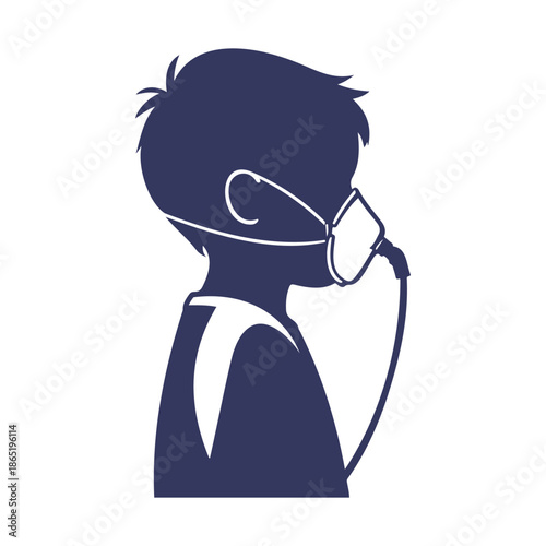 Boy child wearing oxygen mask silhouette vector illustration