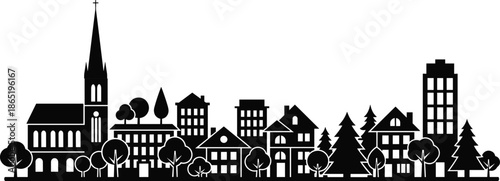 Horizontal black silhouette of a small town skyline featuring a church spire diverse buildings and trees on a white background