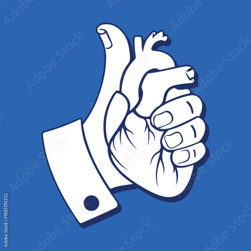 Hand holding anatomical heart with thumbs up gesture vector icon