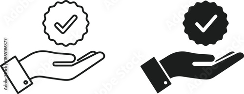 Human Hand Holding Quality Assurance Seal and Checkmark Icons for Customer Satisfaction Guaranteed Service Professional Approval Trust and Business Certification Standards