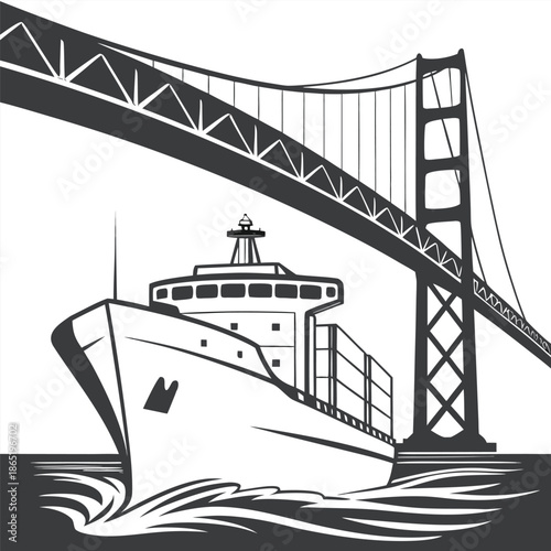 A striking black and white illustration depicts a ship passing under a grand bridge a beautiful silhouette