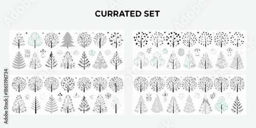 A curated collection of various tree illustrations in grayscale tones