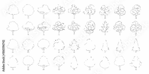 Collection of various stylized tree shapes in a repeating grid pattern