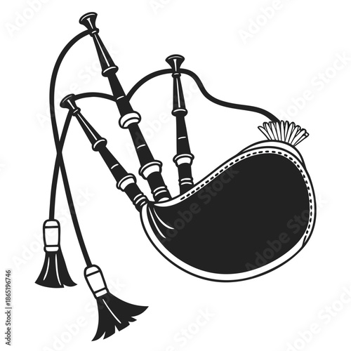 Detailed illustration of a traditional scottish bagpipe instrument shown in a striking black and white silhouette