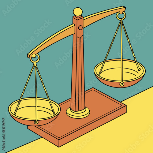 A brightly colored illustration depicts a classic scale with balanced pans a symbol of justice silhouette