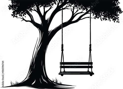 Empty wooden swing hanging from a large spreading tree silhouette illustration on a white background