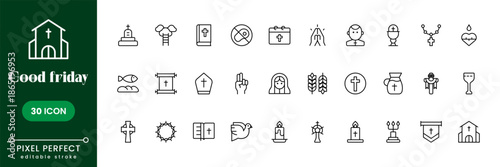 Good Friday icons set with Christian cross and crucifix symbols, religious vector illustrations for faith, prayer, church events, and spiritual designs.