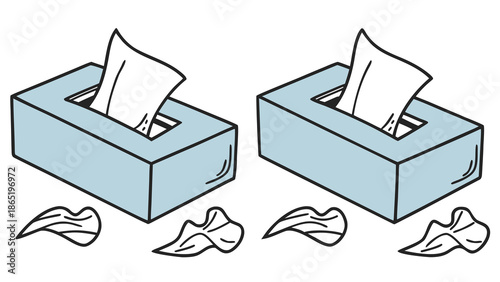 Simple illustration featuring two tissue boxes and scattered tissues presented in a minimalist outline silhouette
