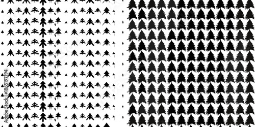 A striking black and white pattern depicting dense forests and tree formations