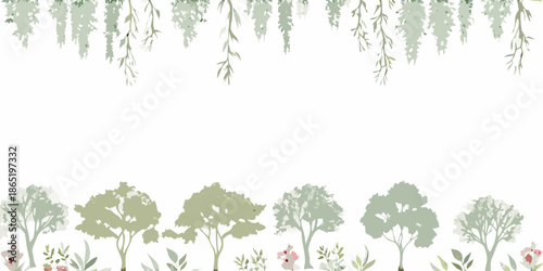 Green foliage and trees create a natural delicate border design