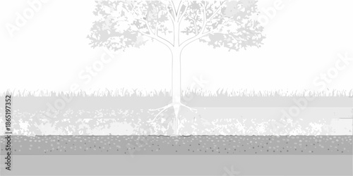 A solitary tree with exposed roots over a landscape and water