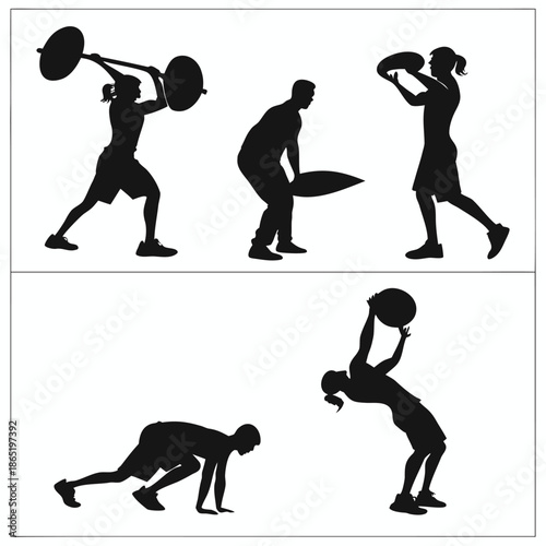 Athletic figures engaged in various exercises like weightlifting stretching and dynamic movements all depicted as a silhouette