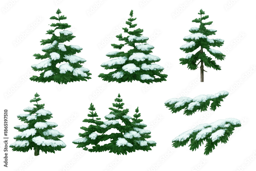 Fototapeta premium Snow-covered fir trees and branches set for winter forest scene, isolated elements with transparent background