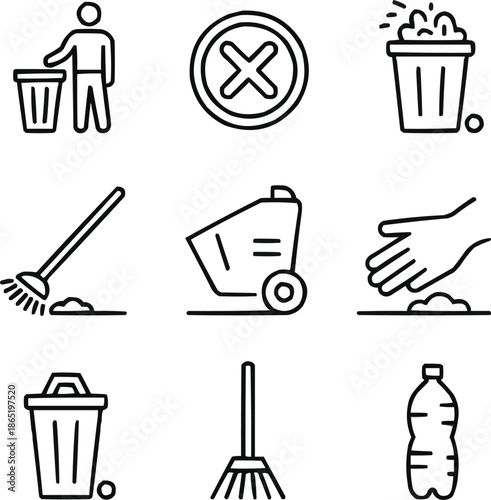 Clean City Icons Do Not Litter, Trash Bin, and Civic Cleanliness Symbols