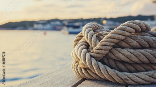 Coiled nautical rope lying on a wooden surface near the water