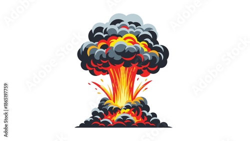 Detailed cartoon-style illustration of a massive explosion, featuring vibrant fire and thick grey and black smoke, signifying a powerful blast.