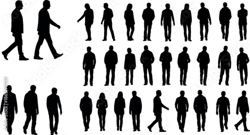 Collection of silhouettes featuring diverse men and women walking standing and gesturing in various urban casual poses for architectural visualization