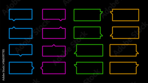 Set of 16 neon led tooltips or speech balloons. Glowing vector speech bubbles, dialogue balloons or word balloons. Can be used in comics and as tips or notifications on sites.