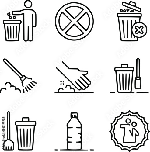 Clean City Icons Do Not Litter, Trash Bin, and Civic Cleanliness Symbols