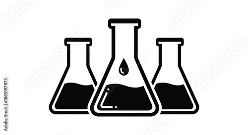A striking graphic depiction of three laboratory beakers with a single drop a black silhouette