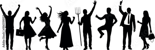 Large set of diverse people silhouettes in different poses representing various professions community teamwork success happiness and unity black white vector
