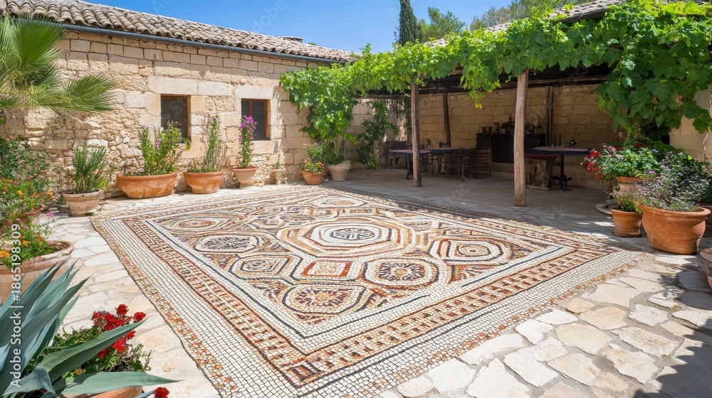 Obraz premium An intricately patterned ancient mosaic floor lies in a sunny courtyard surrounded by stone walls and lush greenery