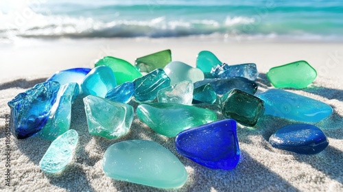 Collection of smooth sea worn glass fragments in various shades of blue and green resting on a sandy beach with ocean waves in the background