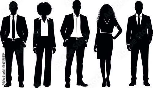 Professional business group silhouettes of diverse corporate team members in formal office attire standing together for leadership and teamwork concept.