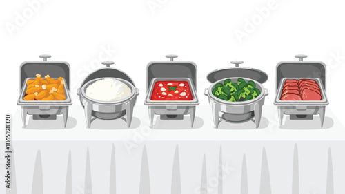 Abundant buffet table presenting five elegant chafing dishes, with lids open revealing a variety of delicious foods like chicken, rice, and vegetables.