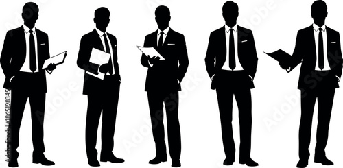 Professional Business Men Silhouettes Set Holding Documents and Folders in Formal Suits for Corporate Management Marketing and Financial Success Illustration