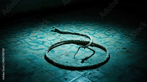 Disconnected power cord lying coiled on the floor near a non-functioning appliance in dim lighting
