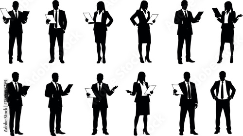 Professional Business People Silhouettes Set Holding Documents Papers and Folders for Corporate Presentation Office Staff Recruitment Career Success and Management