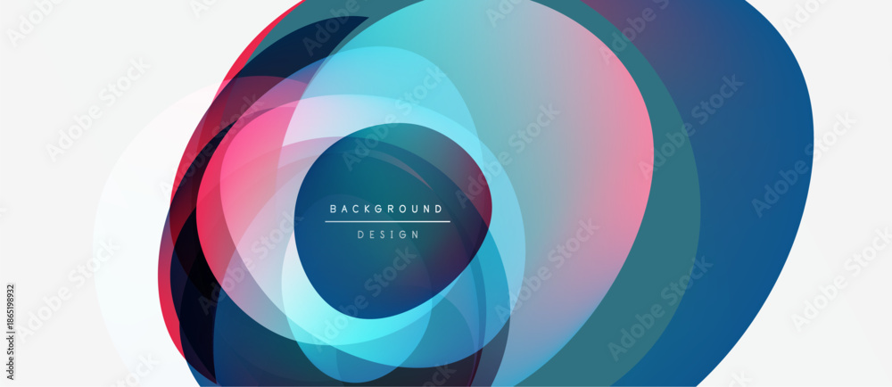 Fototapeta premium Abstract layered circles create dynamic visual. Gradient colors blend, forming modern background design. Text reads background design.