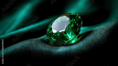 Emerald gemstone with reflective facets on dark green fabric  