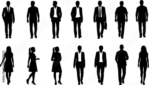 Set of Professional Business Men and Women Silhouettes Standing and Walking in Formal Suits and Casual Outfits for Corporate Design