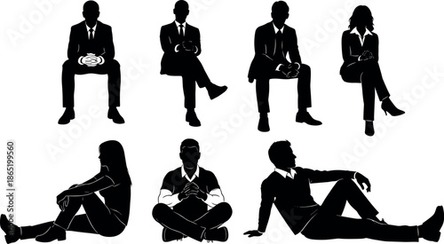 Set of professional business people silhouettes sitting in various poses, including corporate executives in suits and casual individuals on floor.