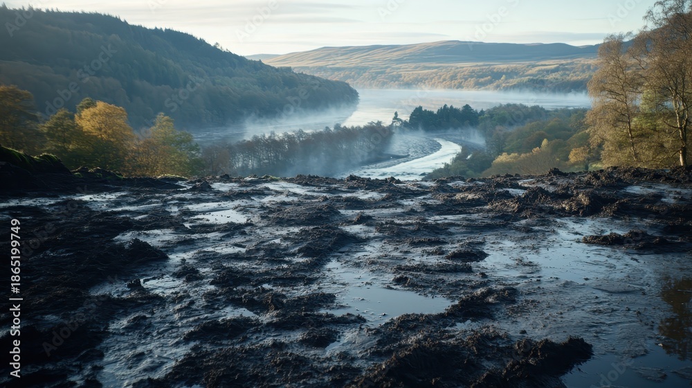 Fototapeta premium Decomposed organic matter forming a thick layer on a wet dark brown earth ground with misty hills and a river in the distance