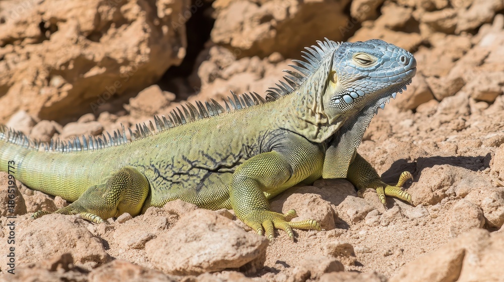 Fototapeta premium Green Iguana Basking on Sunbaked Rock With Textured Scales