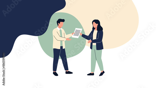 Business partners exchanging documents, collaboration, teamwork, modern flat illustration.