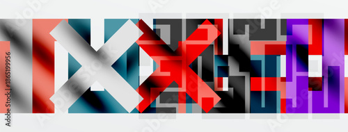 Abstract geometric composition. Bold colors intersect, creating dynamic visual texture. Modern design elements dominate image space.