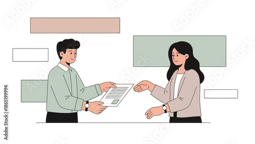 Business meeting illustration: man handing document to woman, collaboration concept