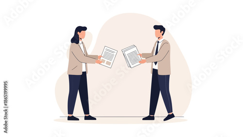 Business partners exchanging documents, conceptual flat illustration of teamwork and communication.