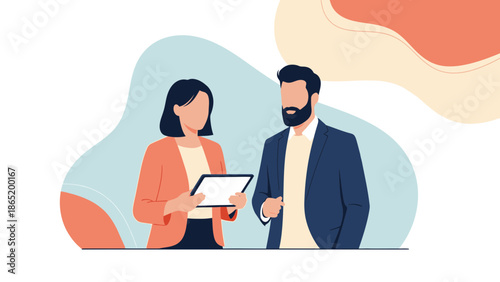 Business meeting illustration: two professionals discussing project on tablet