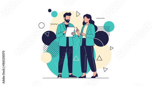 Business meeting illustration with diverse colleagues discussing strategy on abstract background