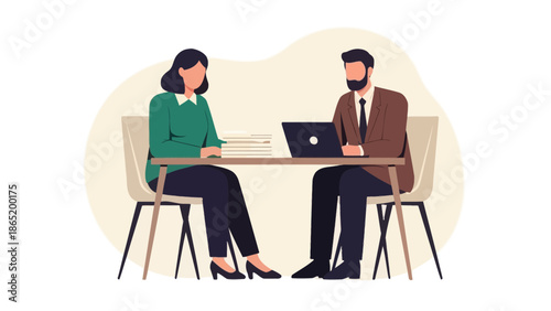 Business meeting illustration with man and woman at desk with laptop and papers